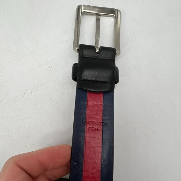 Tommy Hilfiger Mens Leather Reversible Buckle Belt Black Striped Classic Luxury - Picture 4 of 5